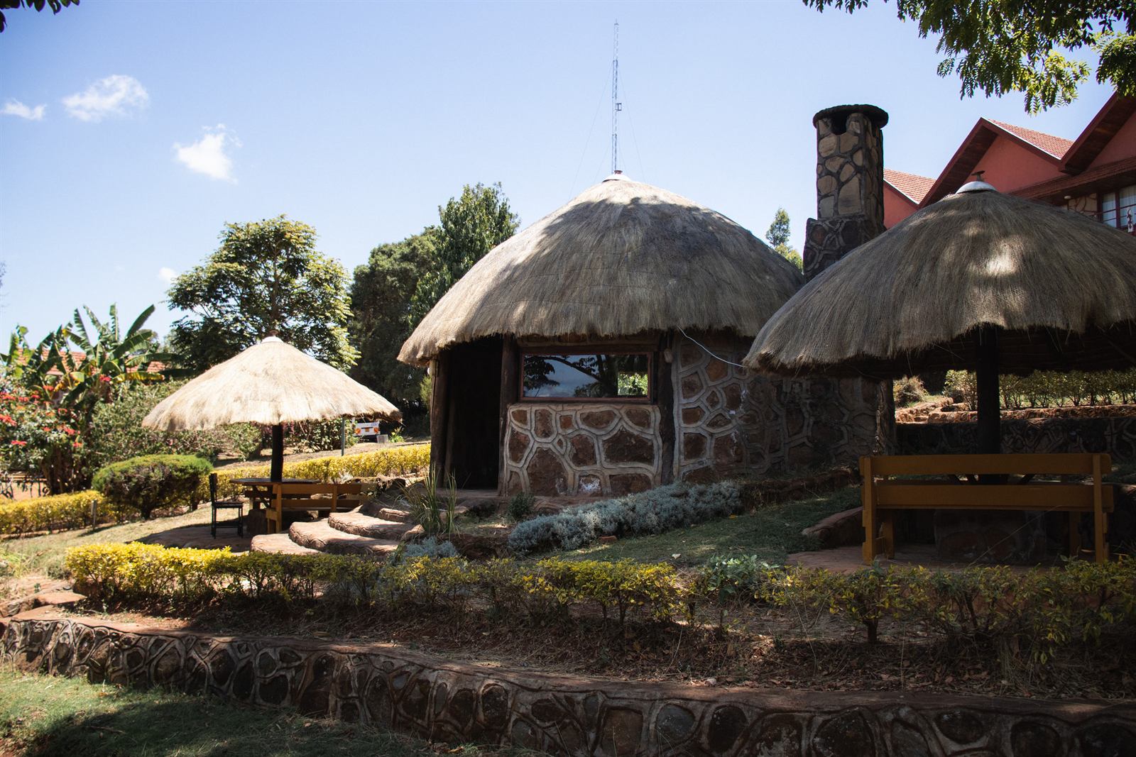 Thatched stone bandas in the grounds at Kerio View