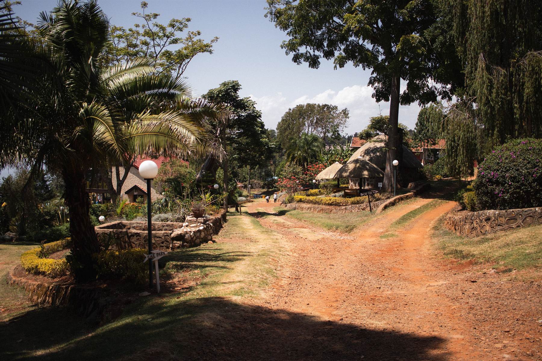 The grounds at Kerio View Lodge, with thatched bandas and murram paths under the trees