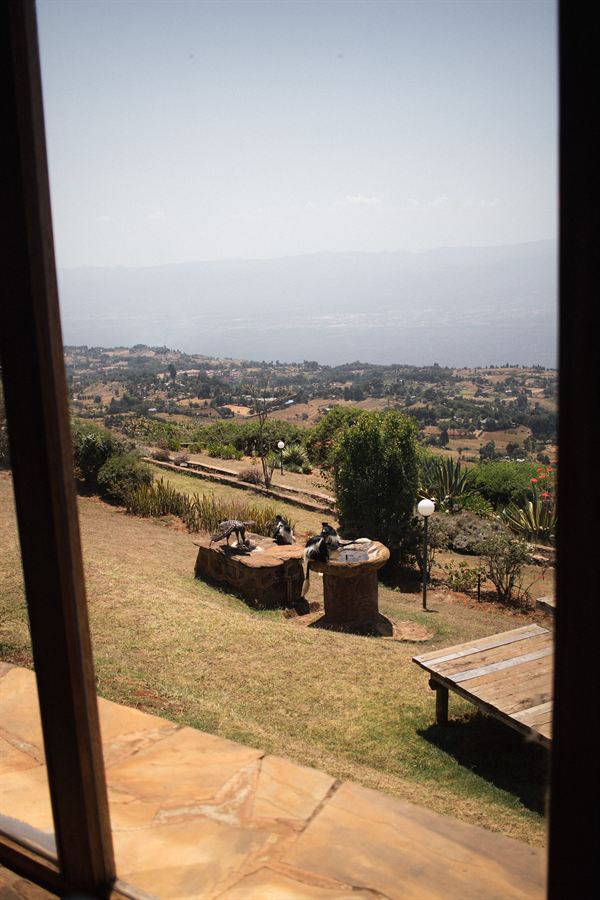 The view from a room at Kerio View, colobus monkeys on the lawn and the valley beyond